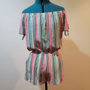 Aqua Striped Off the Shoulder Romper